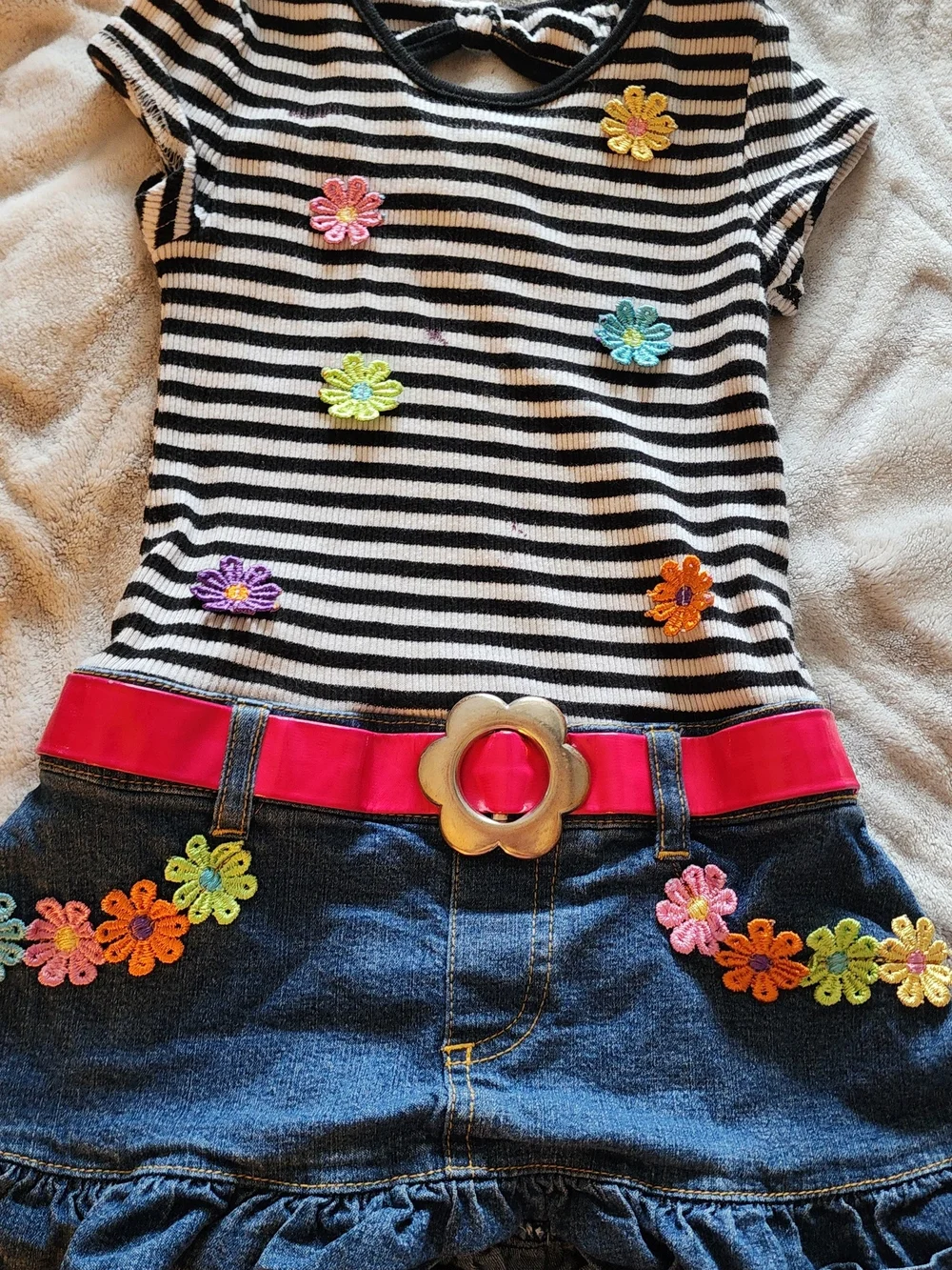 Girls Black & White Striped Floral Appliqué Denim Skirt Dress with Pink Belt